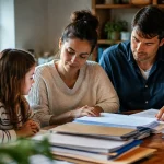 Famille assise devant un bureau couvert de dossiers