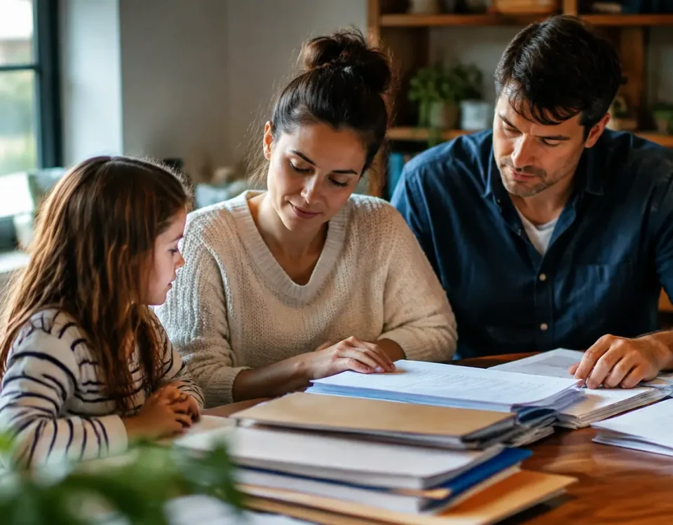 Famille assise devant un bureau couvert de dossiers