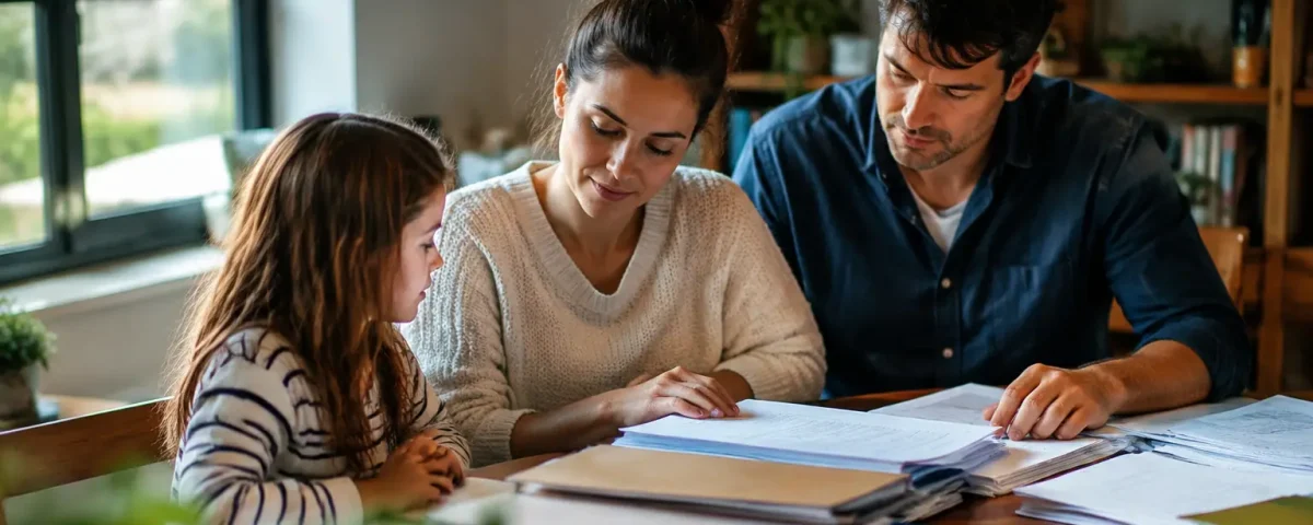 Famille assise devant un bureau couvert de dossiers