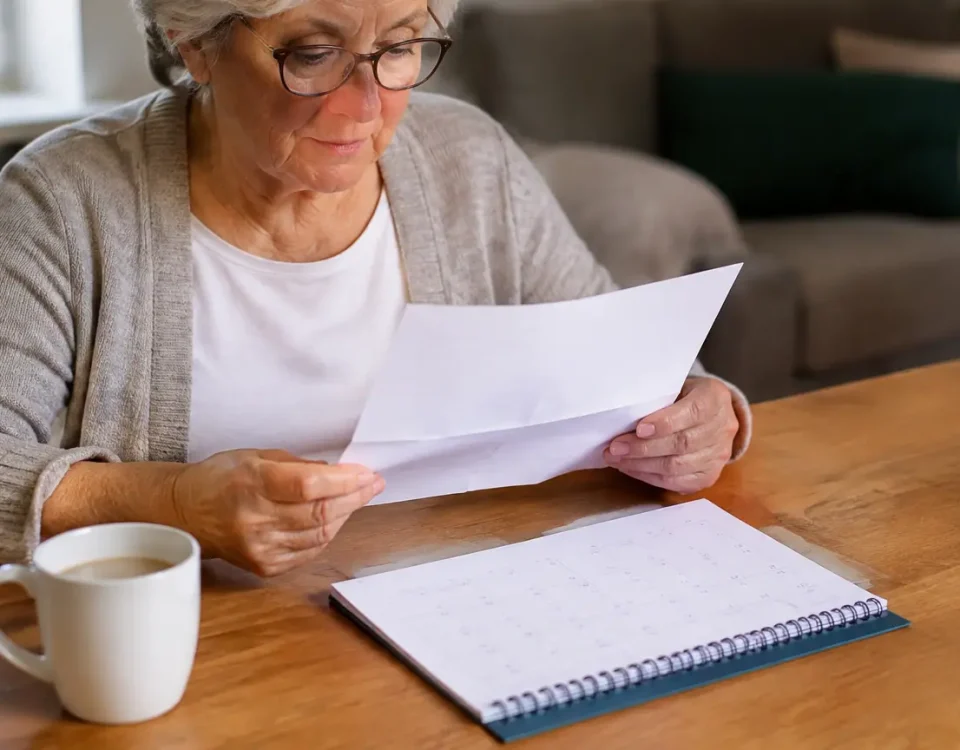 Femme agee assise lisant une lettre pres du calendrier