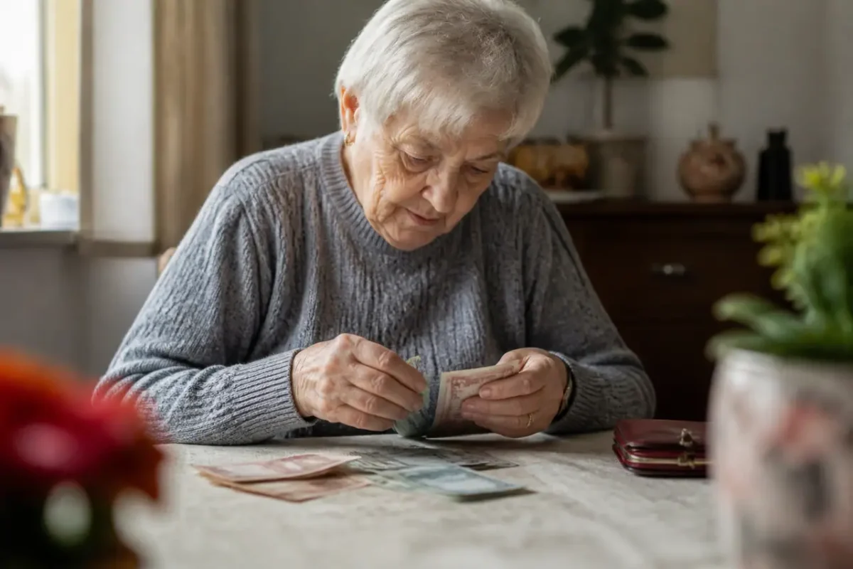 Femme agee comptant des billets sur une table