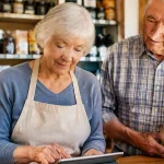 Une femme agee derriere le comptoir aide son mari