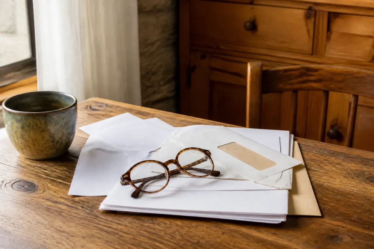 Une femme agee avec lunettes lit des papiers