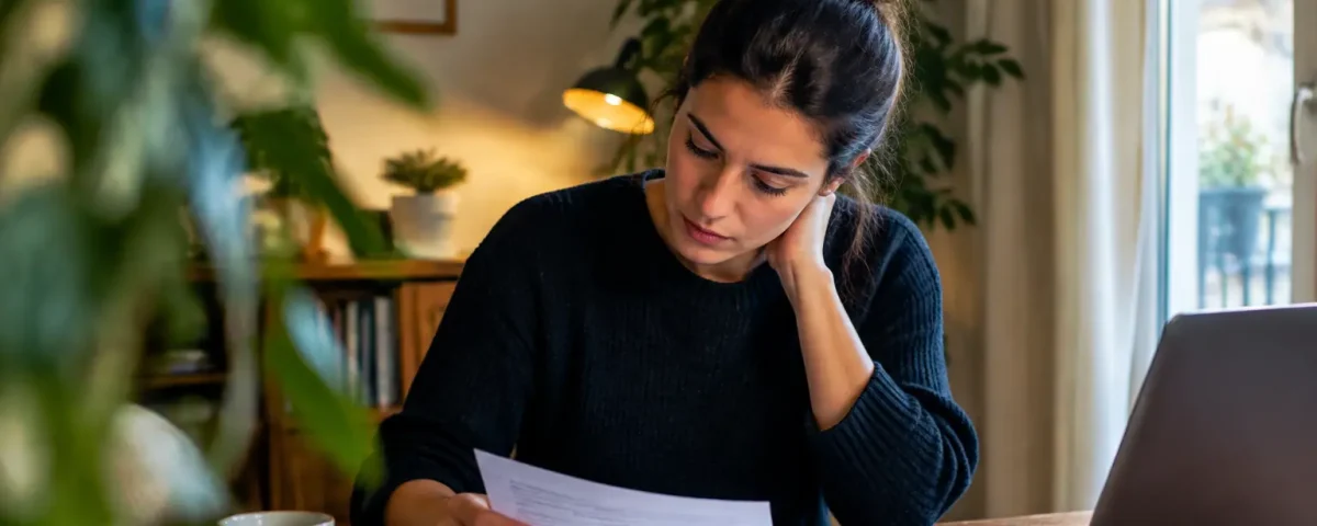 Femme assise a un bureau relit un formulaire fiscal