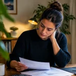 Femme assise a un bureau relit un formulaire fiscal