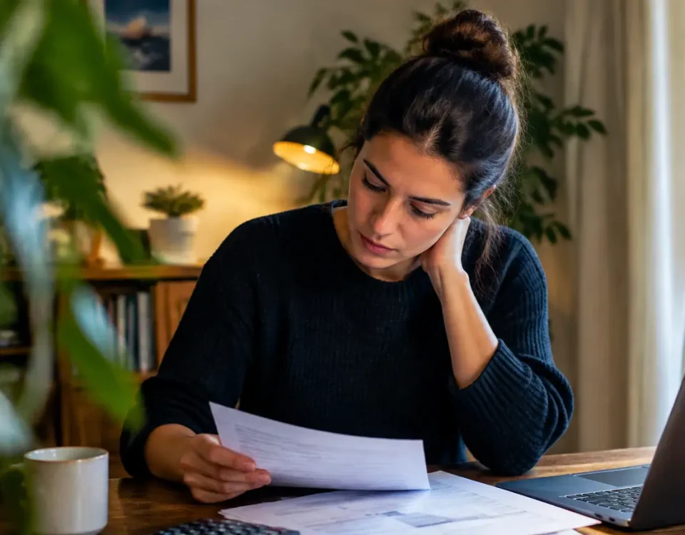 Femme assise a un bureau relit un formulaire fiscal