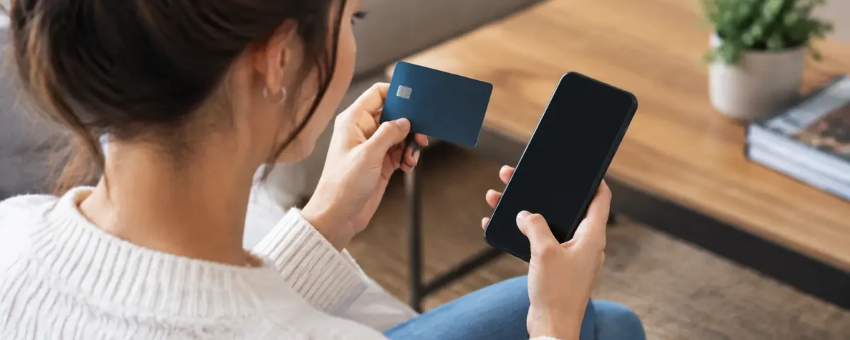 Femme assise tenant une carte bancaire devant un telephone