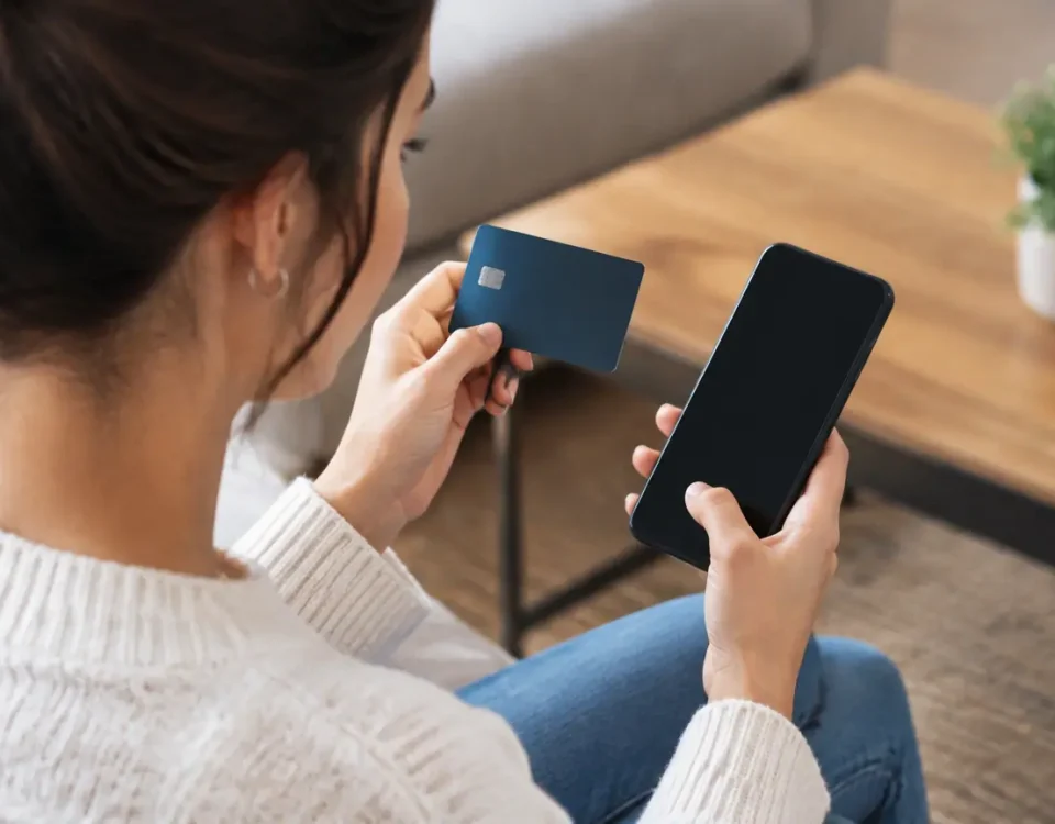 Femme assise tenant une carte bancaire devant un telephone