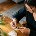 Femme assise comptant des billets sur table en bois