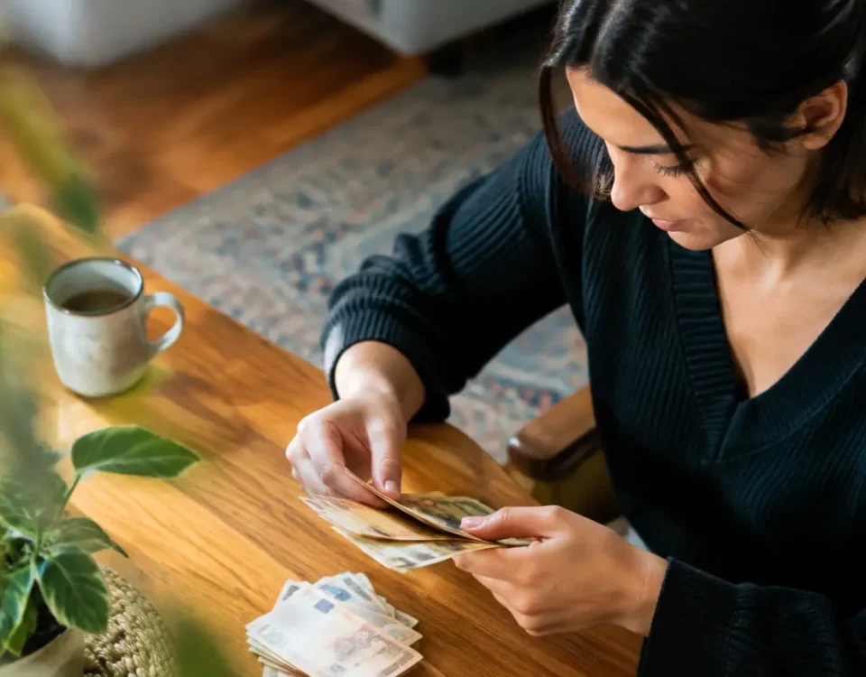 Femme assise comptant des billets sur table en bois