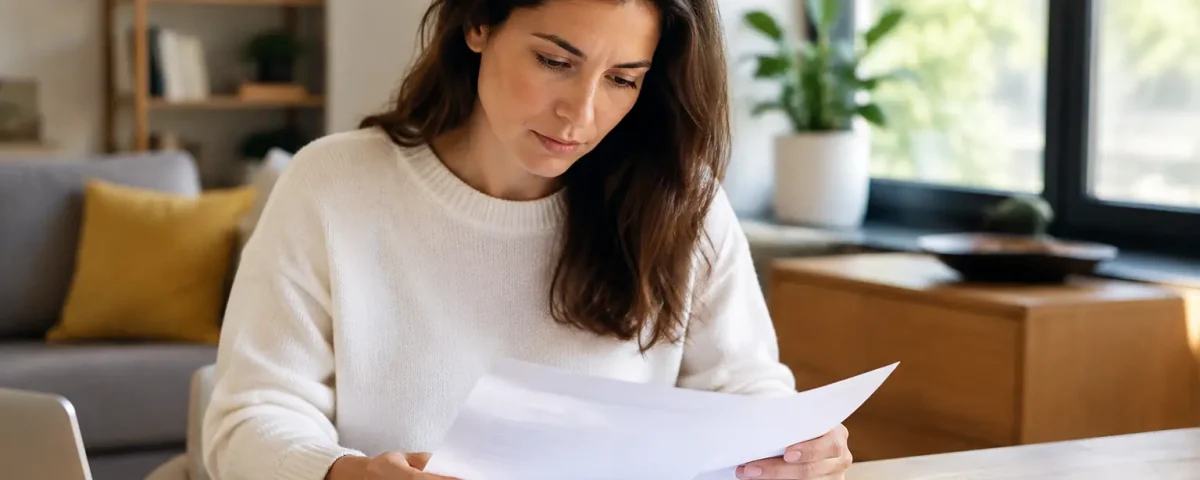 Femme assise lisant des documents bancaires sur une table