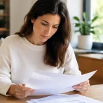 Femme assise lisant des documents bancaires sur une table
