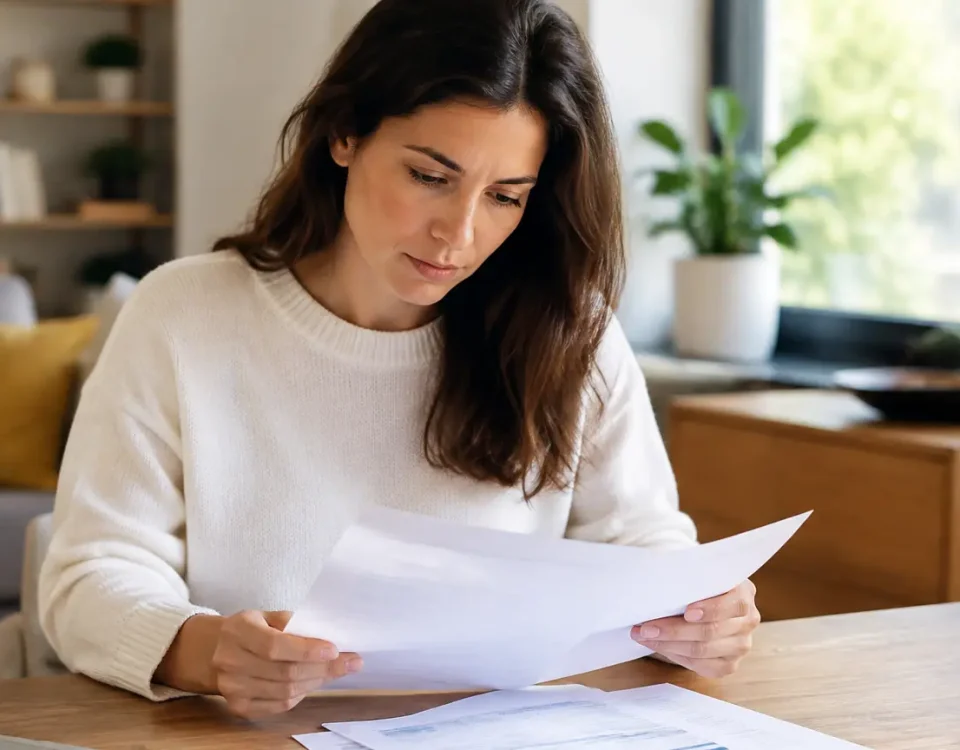 Femme assise lisant des documents bancaires sur une table