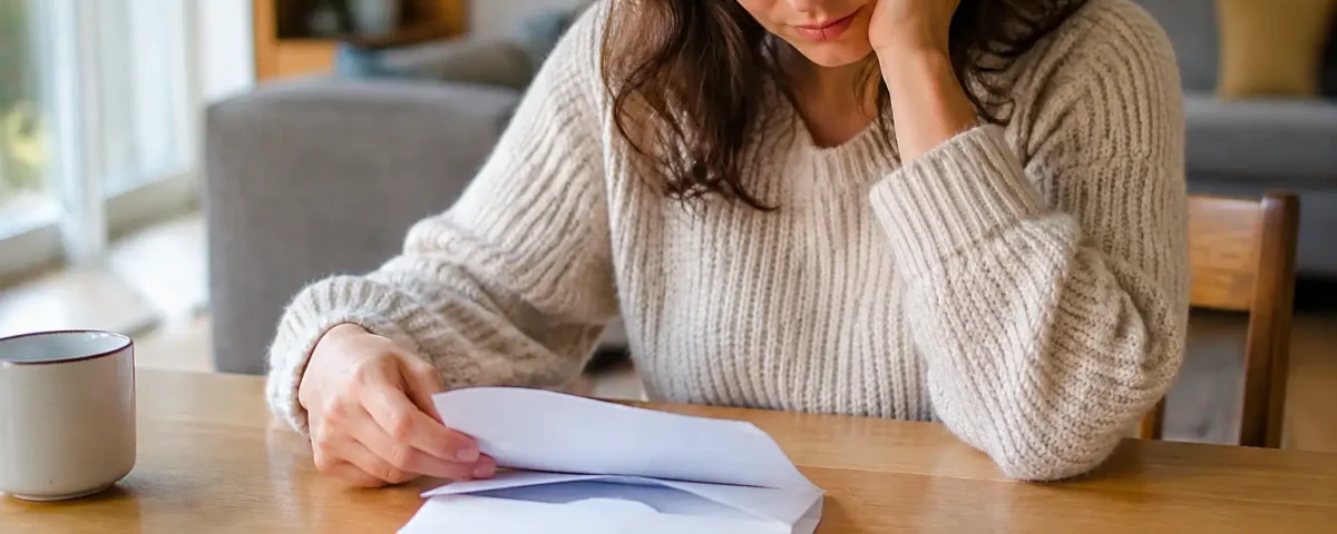 Femme assise seule devant une enveloppe ouverte
