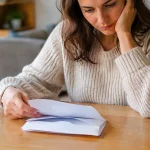 Femme assise seule devant une enveloppe ouverte