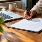 Femme assise signe un contrat devant un ordinateur portable