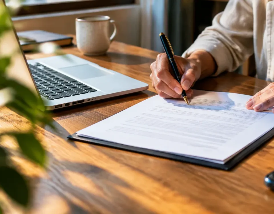 Femme assise signe un contrat devant un ordinateur portable