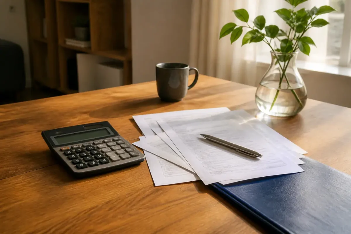 Femme assise devant une table avec calculatrice et documents