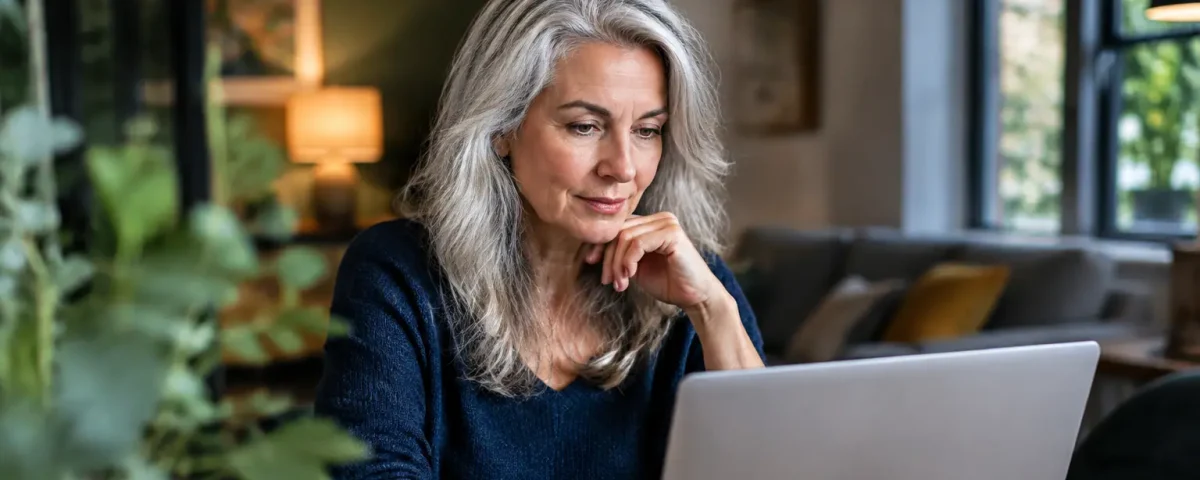 Femme aux cheveux gris assise devant un ordinateur portable