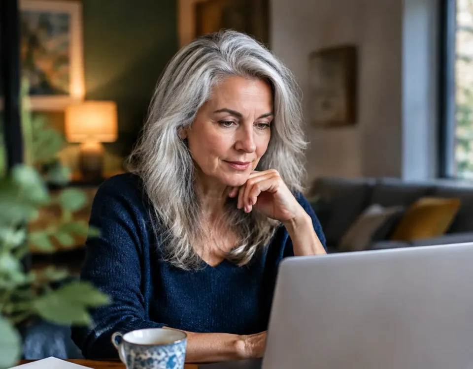 Femme aux cheveux gris assise devant un ordinateur portable