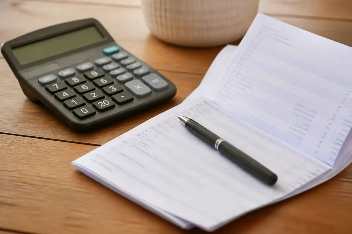 Femme consultant un releve bancaire et une calculatrice