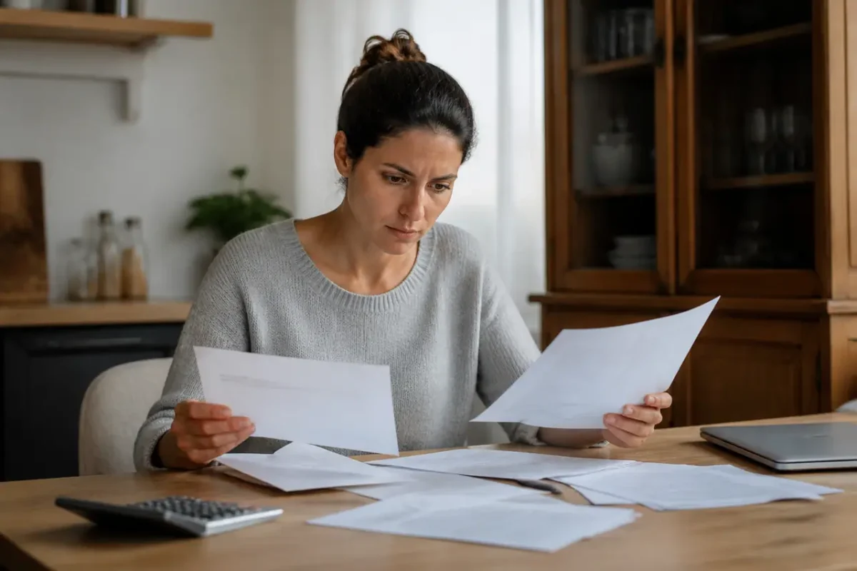 Une femme examine des factures papier sur un bureau
