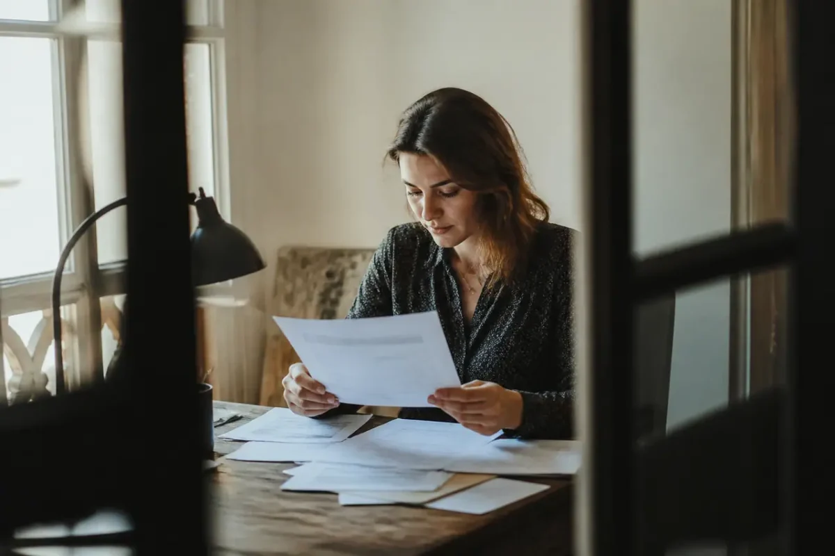 Une femme examine des feuilles papier sur un bureau