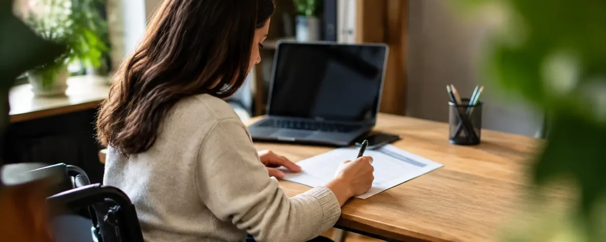 Femme en fauteuil roulant remplissant un formulaire au bureau