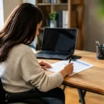 Femme en fauteuil roulant remplissant un formulaire au bureau