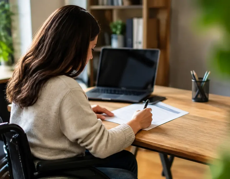 Femme en fauteuil roulant remplissant un formulaire au bureau