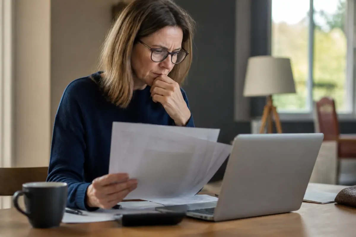 Femme devant un ordinateur portable avec documents fiscaux