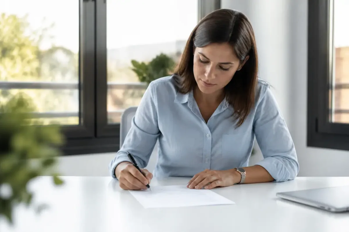 Une femme signe un formulaire sur un bureau blanc