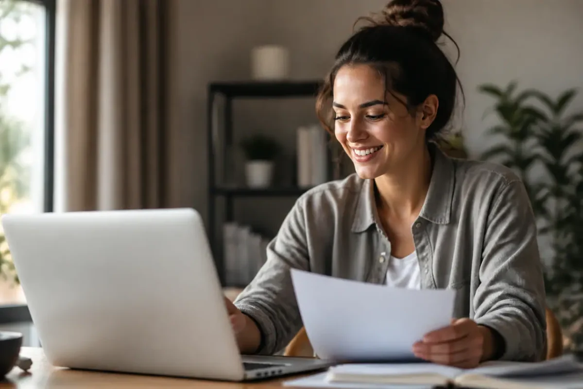 Femme souriante devant un ordinateur portable et des papiers