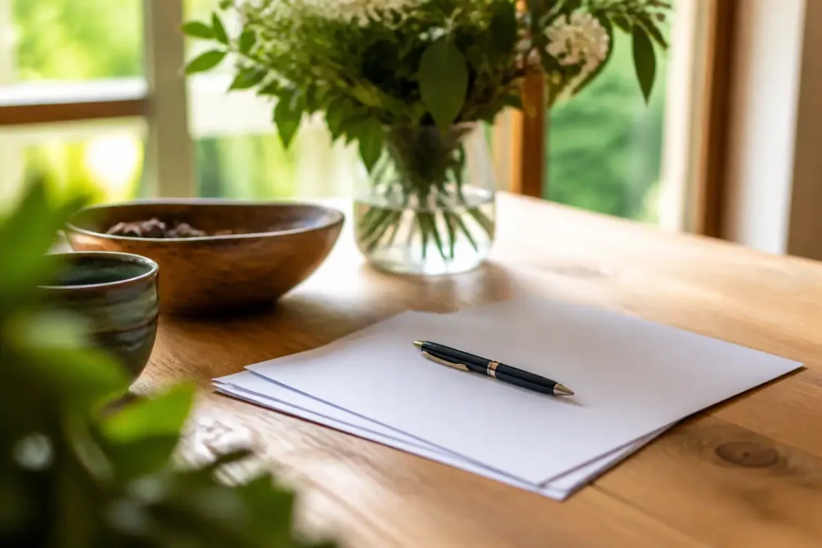 Femme souriante signe un document sur table en bois