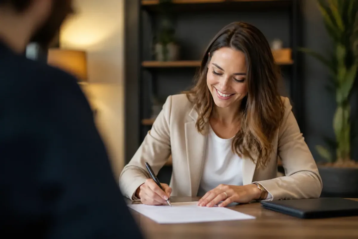 Une femme souriante signe des documents sur un bureau