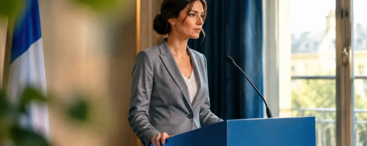 Femme en tailleur gris debout devant un pupitre bleu