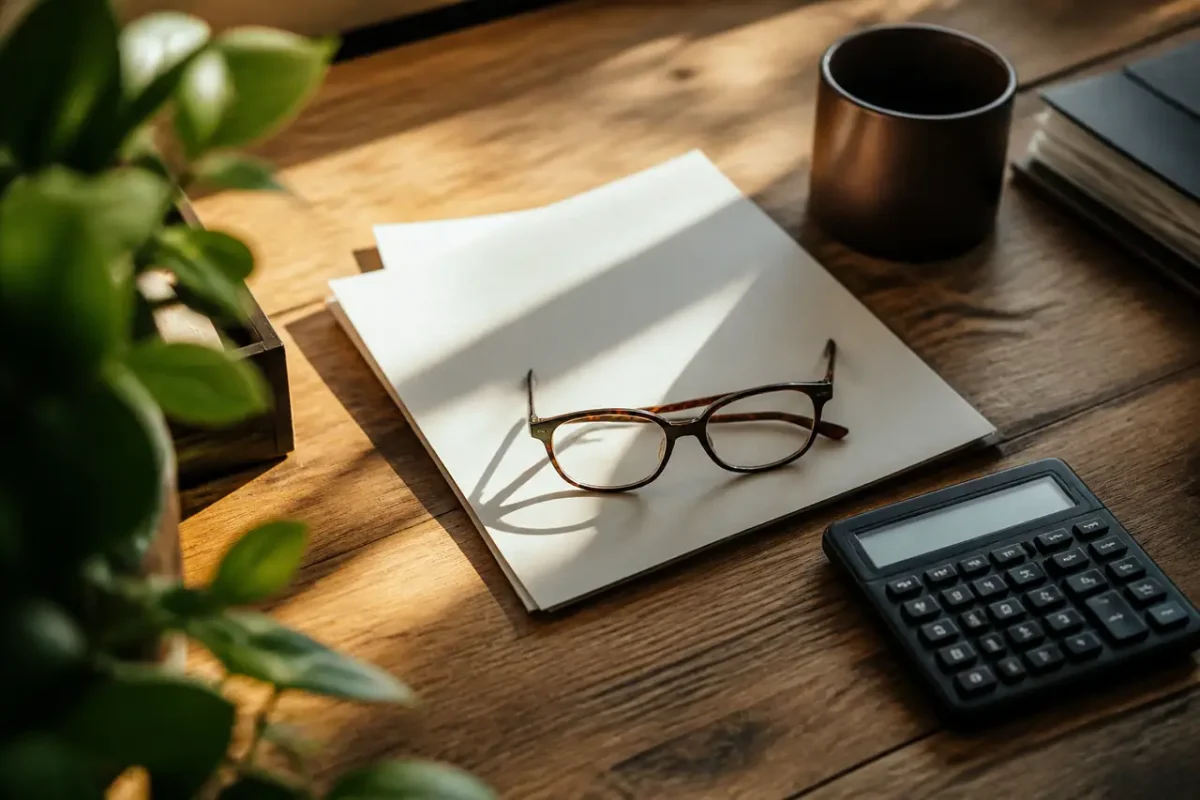 Feuillet papier, lunettes et calculatrice posées sur bureau