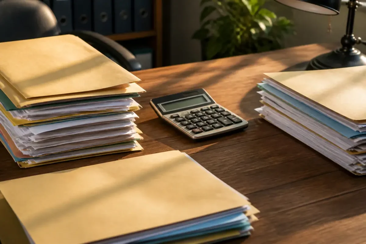 Fonctionnaire assis devant un bureau avec dossiers et calculatrice
