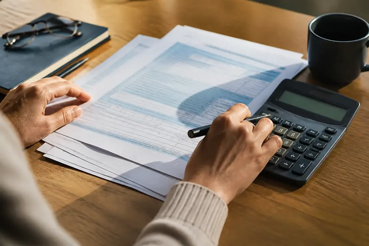 Formulaire fiscal avec calculatrice sur un bureau
