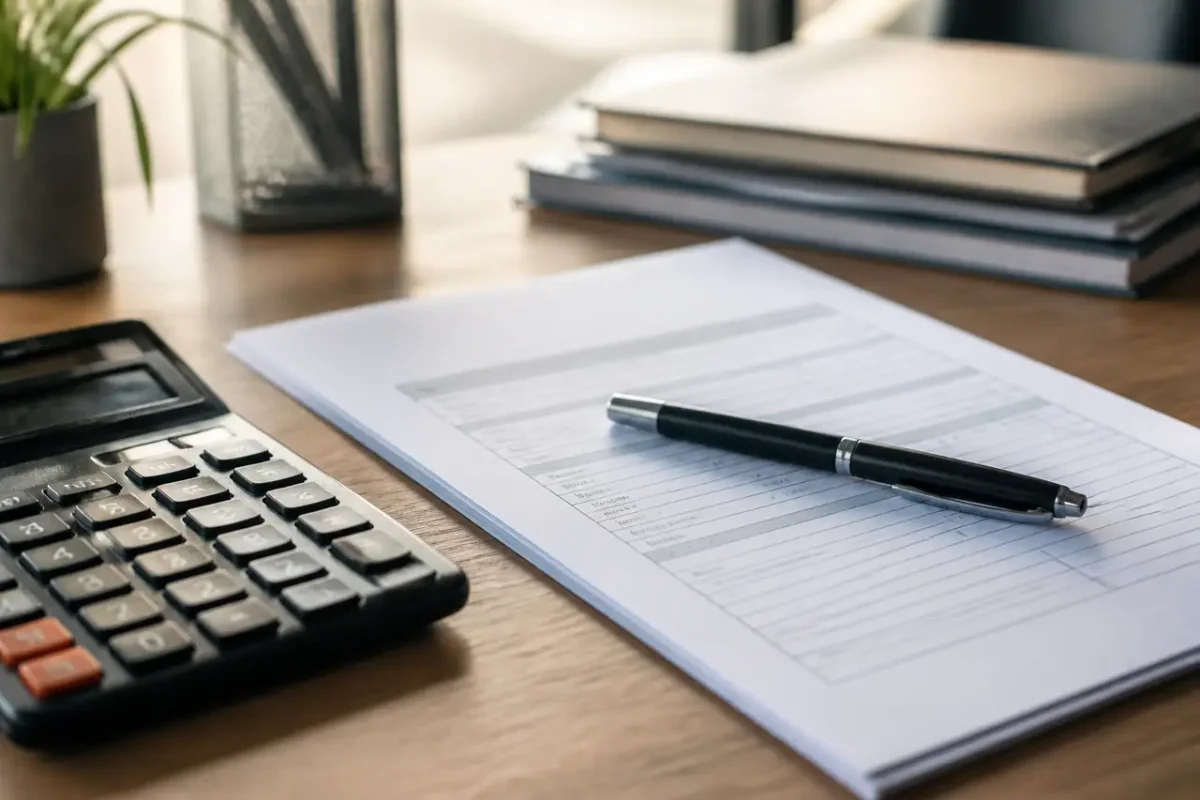 Formulaire vierge stylo et calculatrice poses sur un bureau
