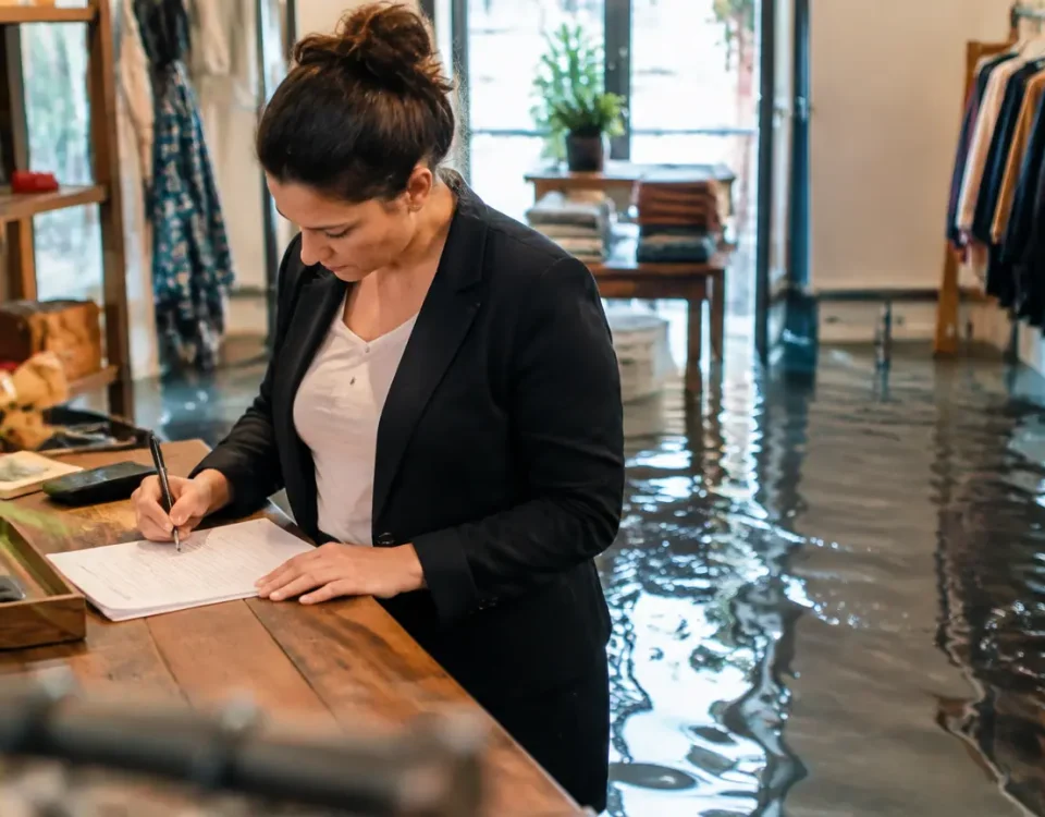 Gerant debout dans boutique inondee remplissant formulaire papier