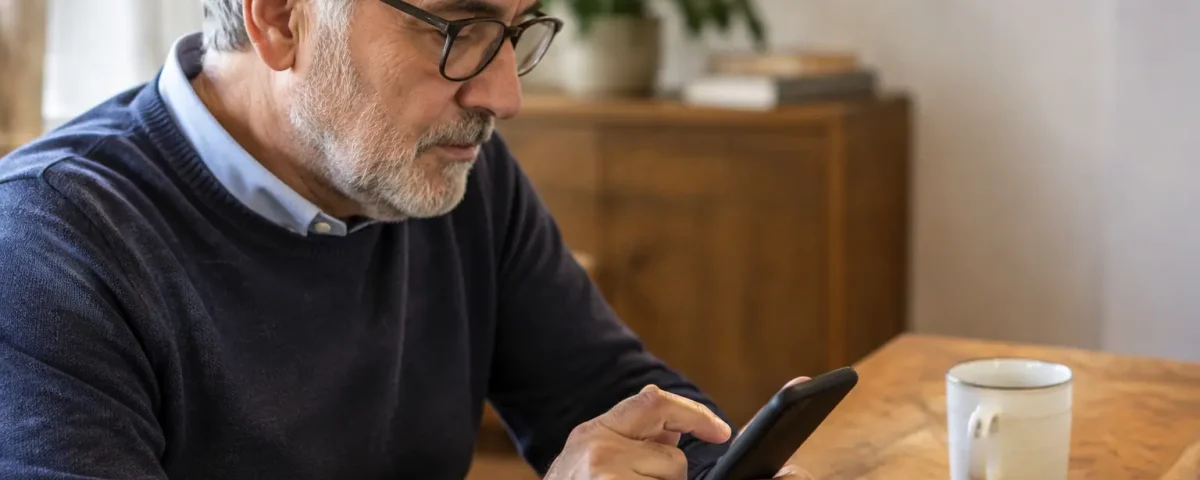 Homme age assis a une table tenant un smartphone
