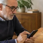 Homme age assis a une table tenant un smartphone