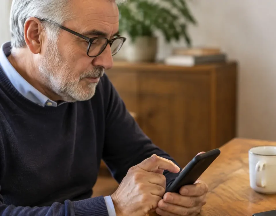 Homme age assis a une table tenant un smartphone
