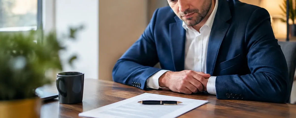 Homme assis devant un contrat, stylo pose dessus