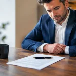 Homme assis devant un contrat, stylo pose dessus