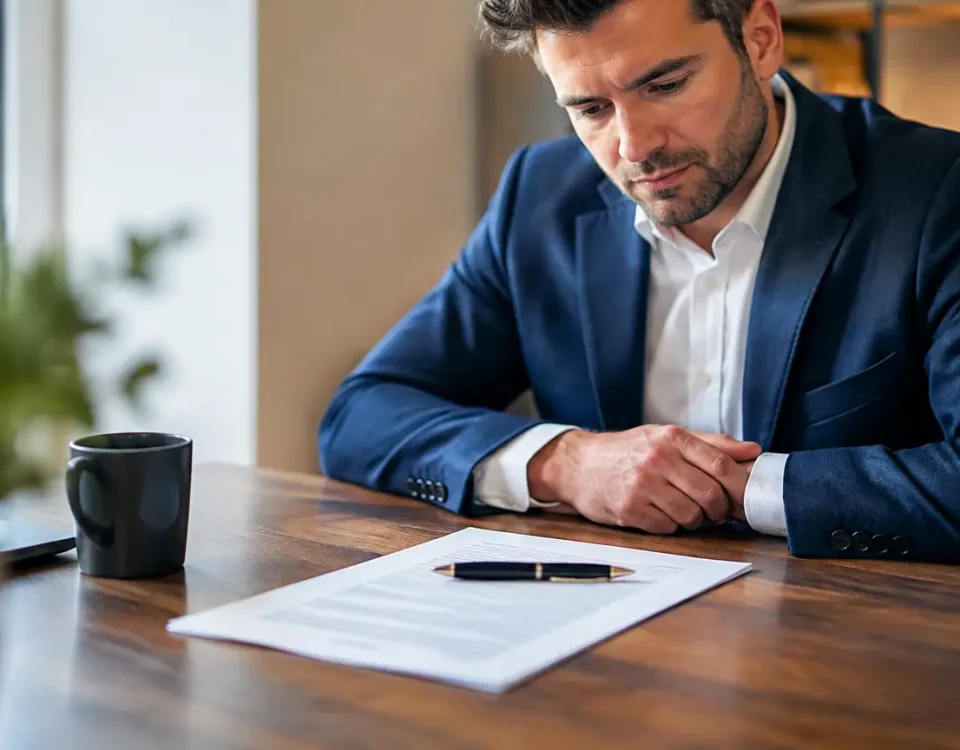 Homme assis devant un contrat, stylo pose dessus