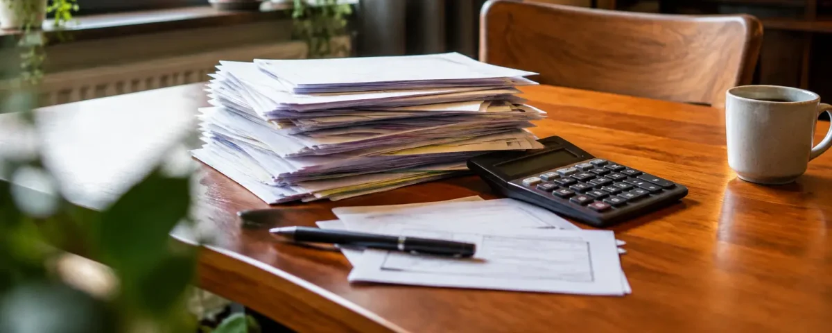 Homme assis seul devant pile de factures et calculatrice