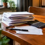 Homme assis seul devant pile de factures et calculatrice