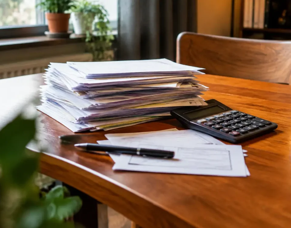 Homme assis seul devant pile de factures et calculatrice